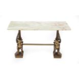 A Gilt Metal Coffee Table, of rectangular form, the green onyx top on tapering cherub supports