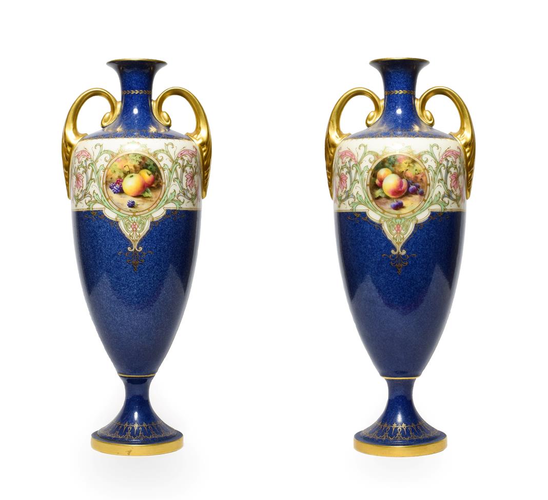 A Pair of Royal Worcester Porcelain Vases, by Horace Price, 1921, of urn shape with twin scroll