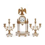 A White Marble and Gilt Metal Mounted Striking Portico Mantel Clock Garniture, early 20th century,