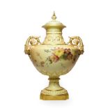 A Royal Worcester Porcelain Twin-Handled Vase and Cover, 1894, of urn shape with scroll handles