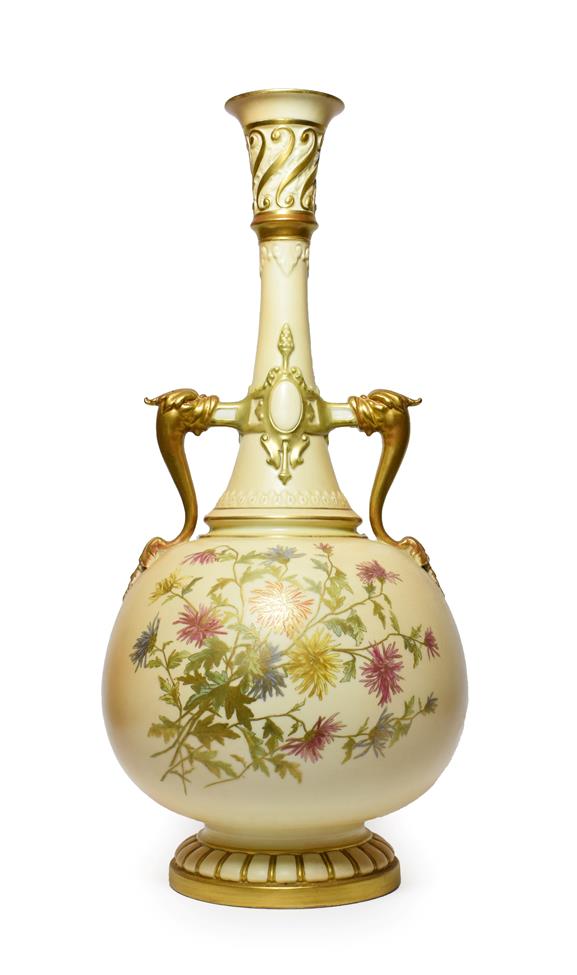 A Royal Worcester Porcelain Bottle Vase, 1869, with mythical beast handles and strapwork bands,