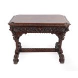 A Victorian Carved Oak Centre Table, circa 1870, of canted rectangular form with a stiff leaf carved