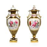 A Pair of Copeland Porcelain Vases and Covers, circa 1910, of urn shape with twin scroll handles,