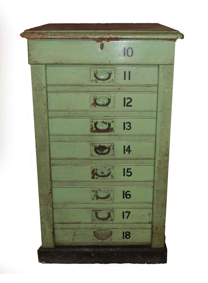 Railway Interest: A Late 19th/Early 20th Century LNWR Green Painted Pine Chest, the moulded top