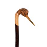 An Ian Taylor Woodcock Walking Cane, the handle naturalistically carved and decorated as the head,