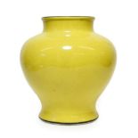 A Chinese Yellow Glazed Porcelain Jar, 20th century, of baluster form with bronzed rims, 19.5cm