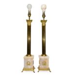 A Pair of Brass and Onyx Table Lamp Bases, 20th century, as Corinthian columns on square bases