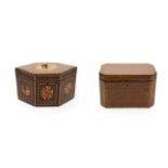 A George III Mahogany, Ebony and Parquetry Tea Caddy, of lozenge shape, decorated with oval