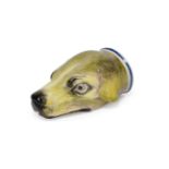 A Pearlware Hound's Head Stirrup Cup, early 19th century, naturalistically modelled and painted, the