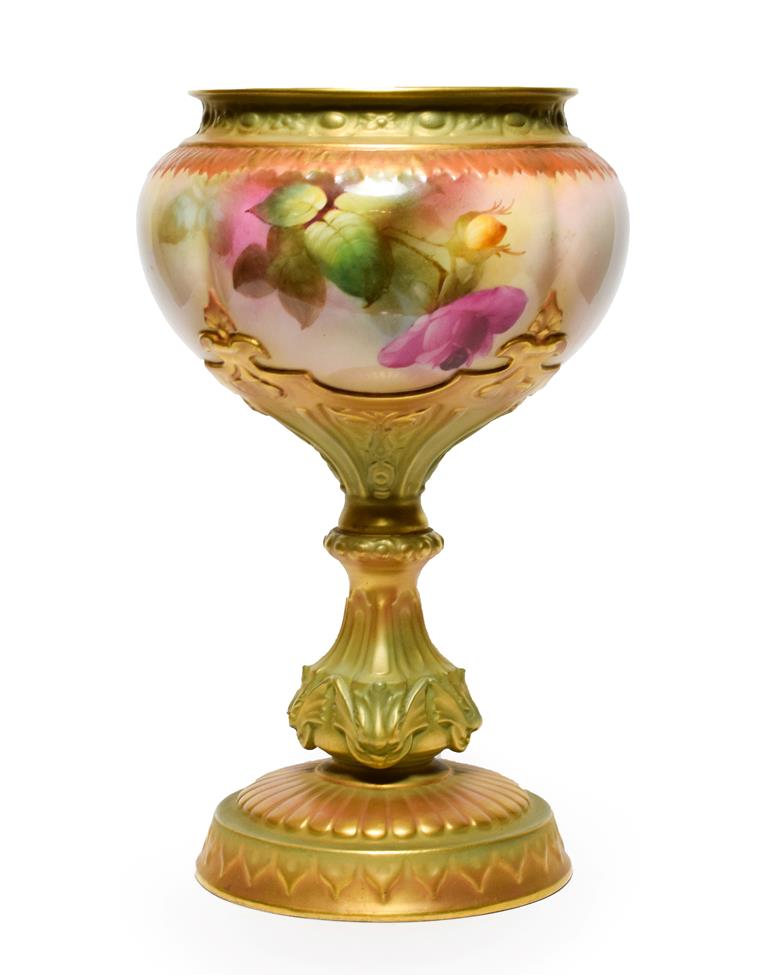 A Royal Worcester Porcelain Pedestal Vase, 1910, of ovoid form, painted with rose sprays within