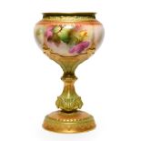 A Royal Worcester Porcelain Pedestal Vase, 1910, of ovoid form, painted with rose sprays within