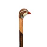 An Ian Taylor Red-Legged Partridge Walking Cane, the handle naturalistically carved and decorated as