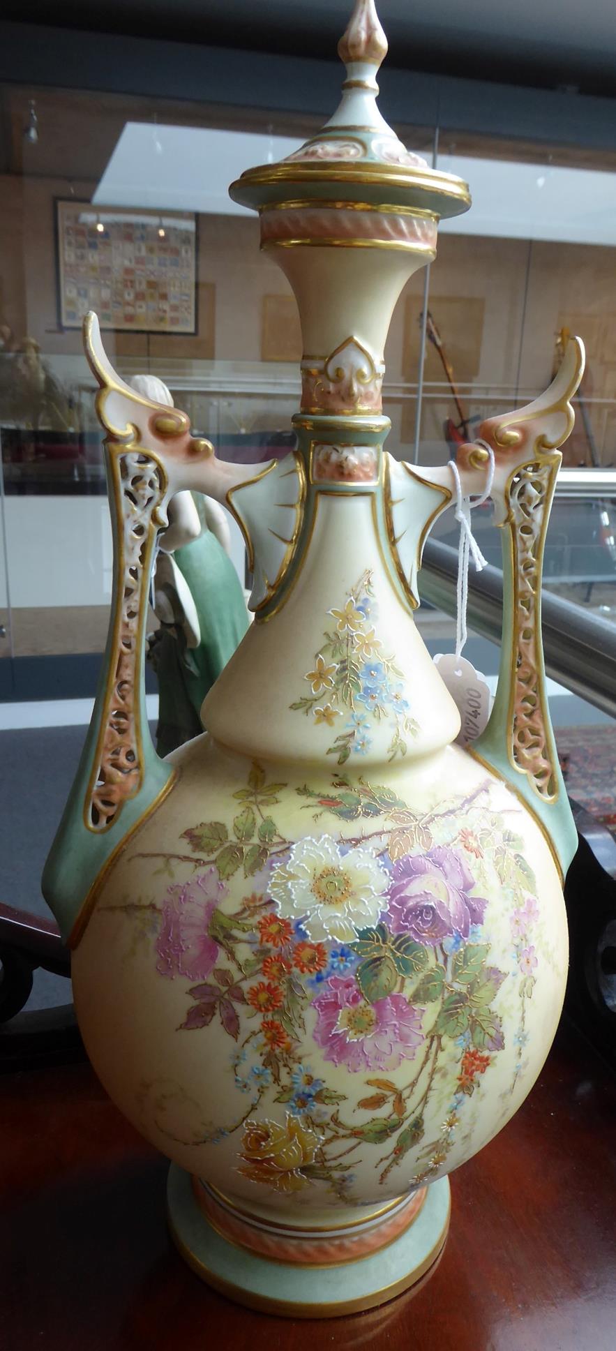 A Pair of Royal Worcester Porcelain Vases and Covers, circa 1905, of baluster form with pierced - Image 3 of 11