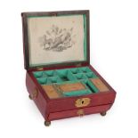 A Regency Red Morocco Workbox, of sarcophagus form with stamped brass handles, escutcheons and