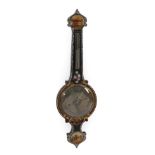 A Papier Mache Mother of Pearl Inlaid Wheel Barometer, circa 1850, onion shaped pediment with a