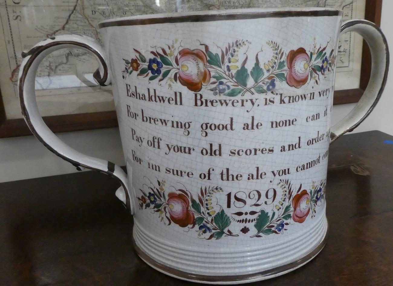 A Pearlware Loving Cup, possibly Woodlesford, Swillington Bridge Pottery, dated 1829, of cylindrical - Image 4 of 8