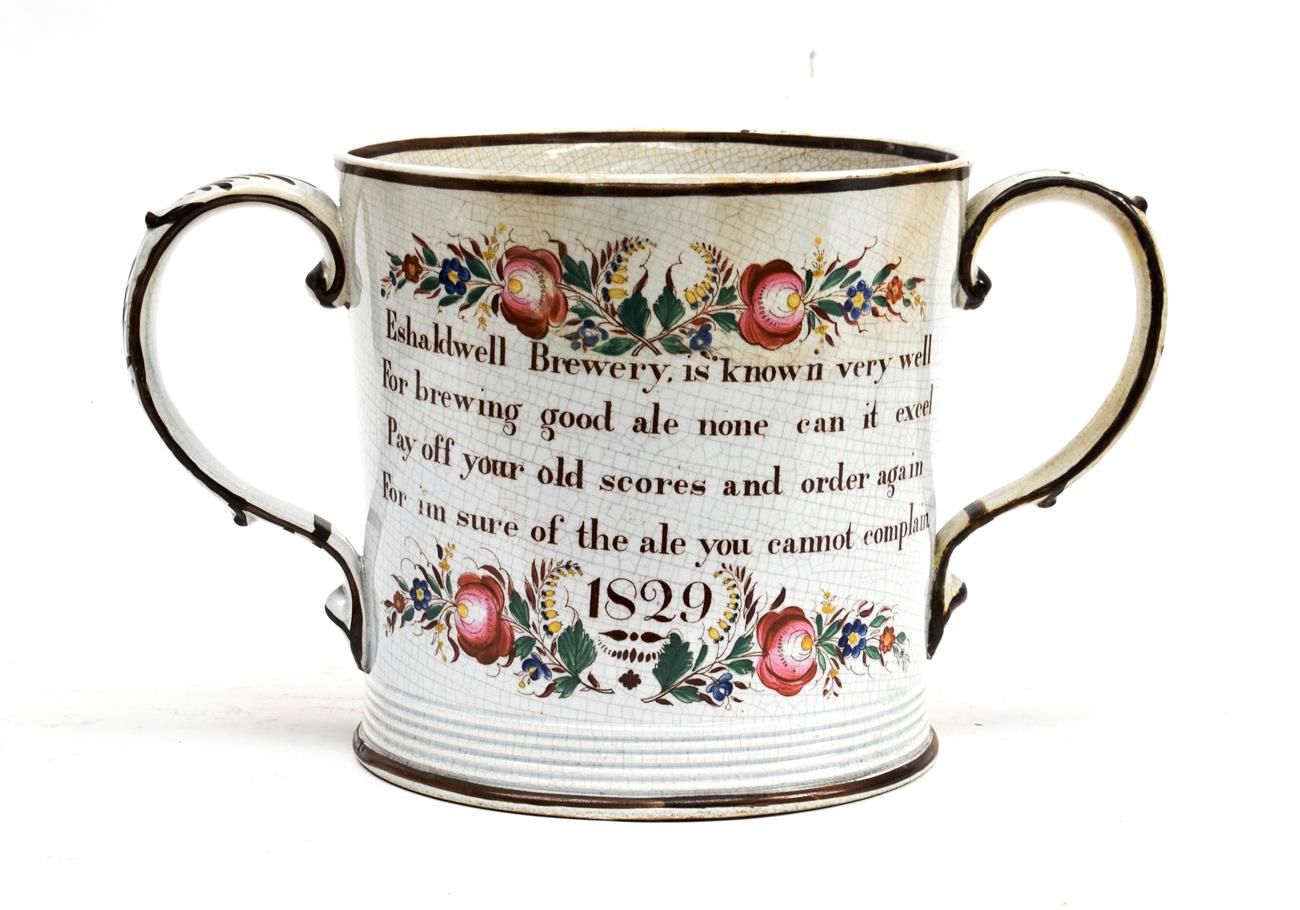 A Pearlware Loving Cup, possibly Woodlesford, Swillington Bridge Pottery, dated 1829, of cylindrical