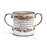 A Pearlware Loving Cup, possibly Woodlesford, Swillington Bridge Pottery, dated 1829, of cylindrical