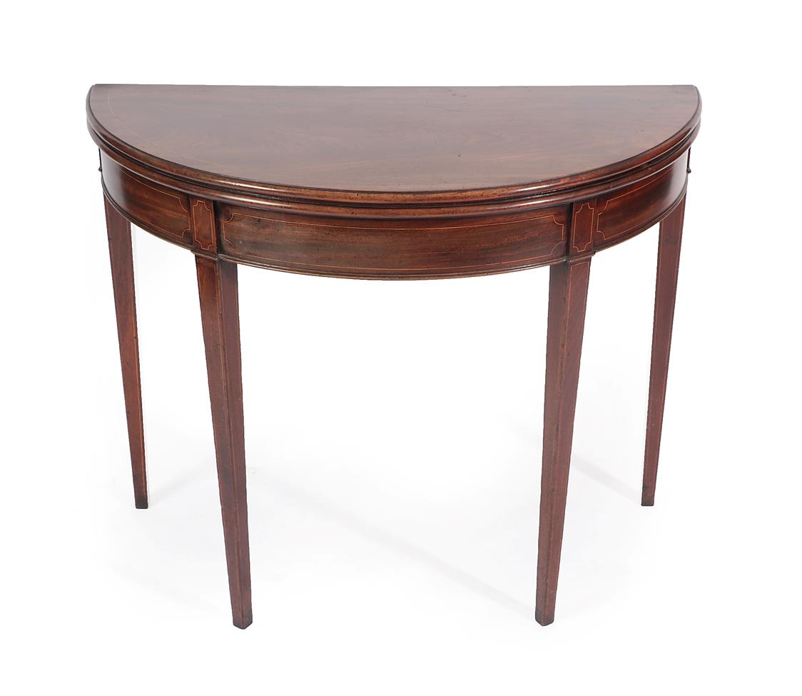 A George III Mahogany Foldover Card Table, late 18th century, of D shaped form, with boxwood