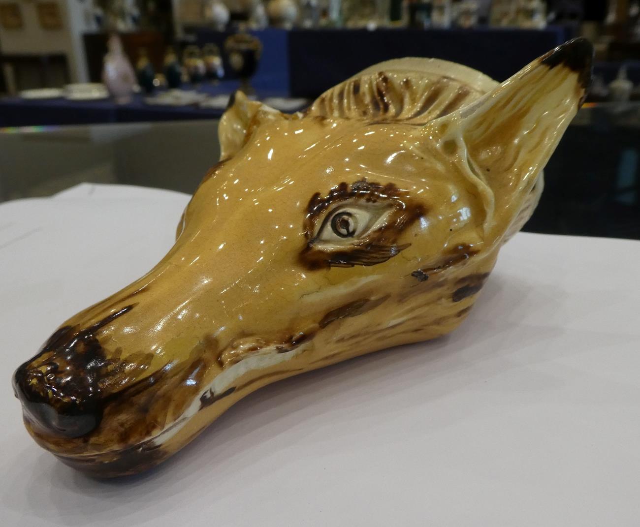 A Creamware Fox Mask Stirrup Cup, early 19th century, naturalistically modelled and picked out in - Image 5 of 12