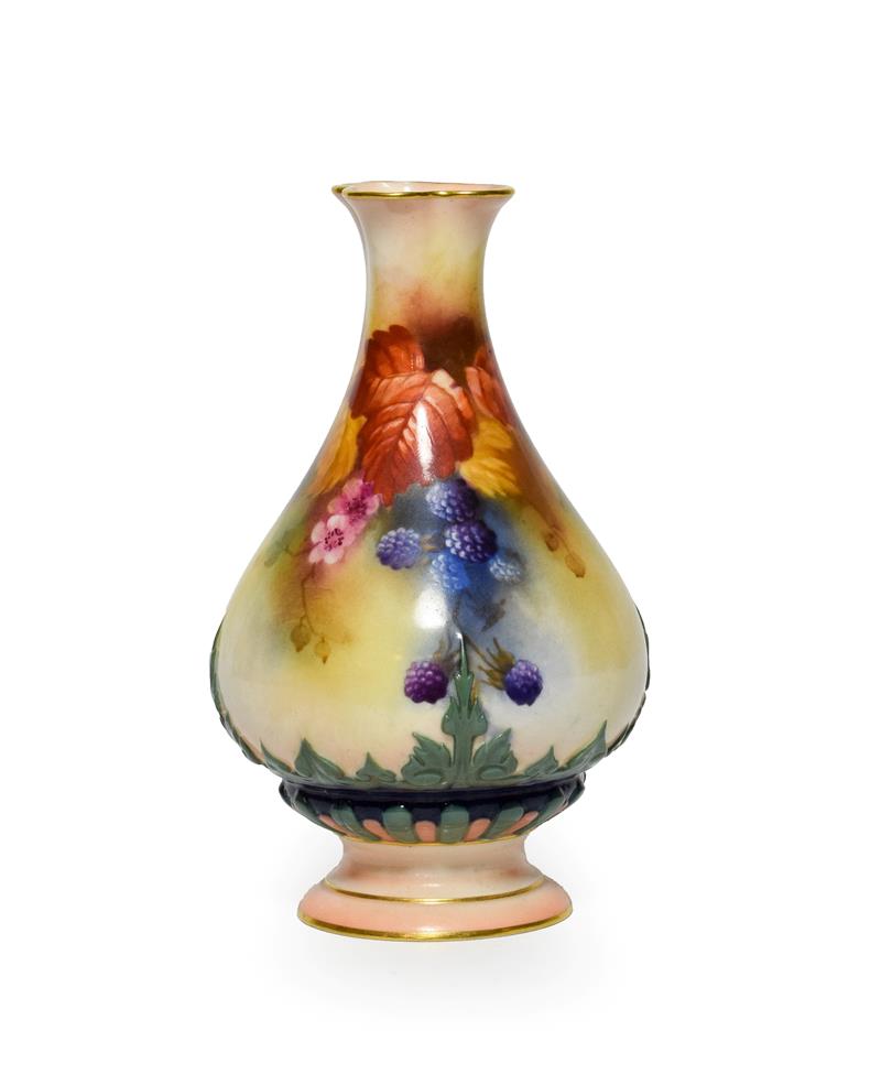 A Royal Worcester Porcelain Vase, in the manner of Kitty Blake, 1910, of fluted pear shape,