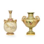 A Royal Worcester Porcelain Vase, 1898, of urn shape with scroll and mask handles, painted with