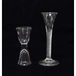 A Cordial Glass, circa 1750, the drawn trumpet bowl on an air twist stem and folded foot, 17cm high;