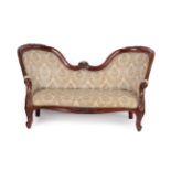 A Victorian Style Mahogany Child's Two-Seater Sofa, 20th century, upholstered in gold and blue
