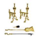 A Pair of Victorian Brass Andirons, with fluted urn finials and balusters on paw feet, 35cm high;