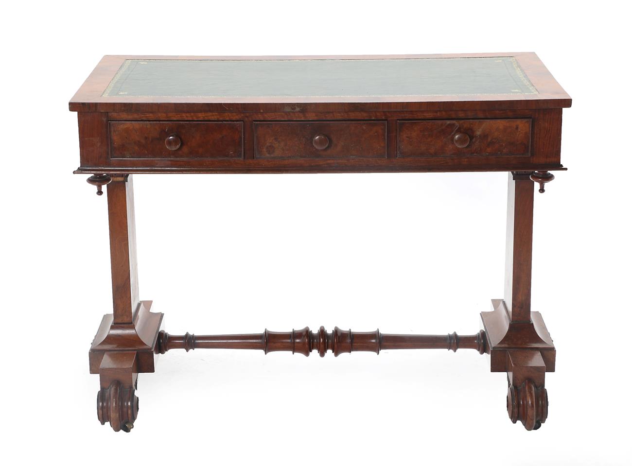 A Victorian Walnut Pillar End Writing Table, 3rd quarter 19th century, the later green and gilt