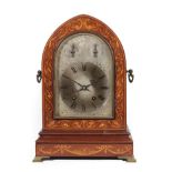A Mahogany Inlaid Quarter Striking Table Clock, circa 1890, arch pediment, side carrying handles,