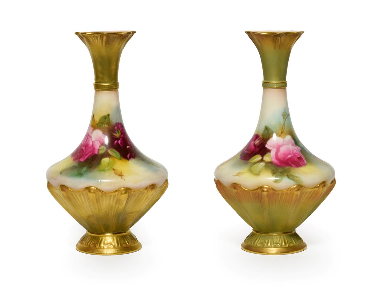 A Matched Pair of Royal Worcester Porcelain Vases, 1911/1912, of pear shape, painted with rose