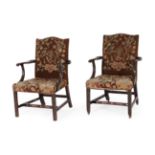 A Pair of George III Mahogany Gainsborough Style Library Armchairs, late 18th century, recovered