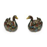 A Pair of Chinese Cloisonné Enamel Models of Mandarin Ducks, in 18th century style, naturalistically