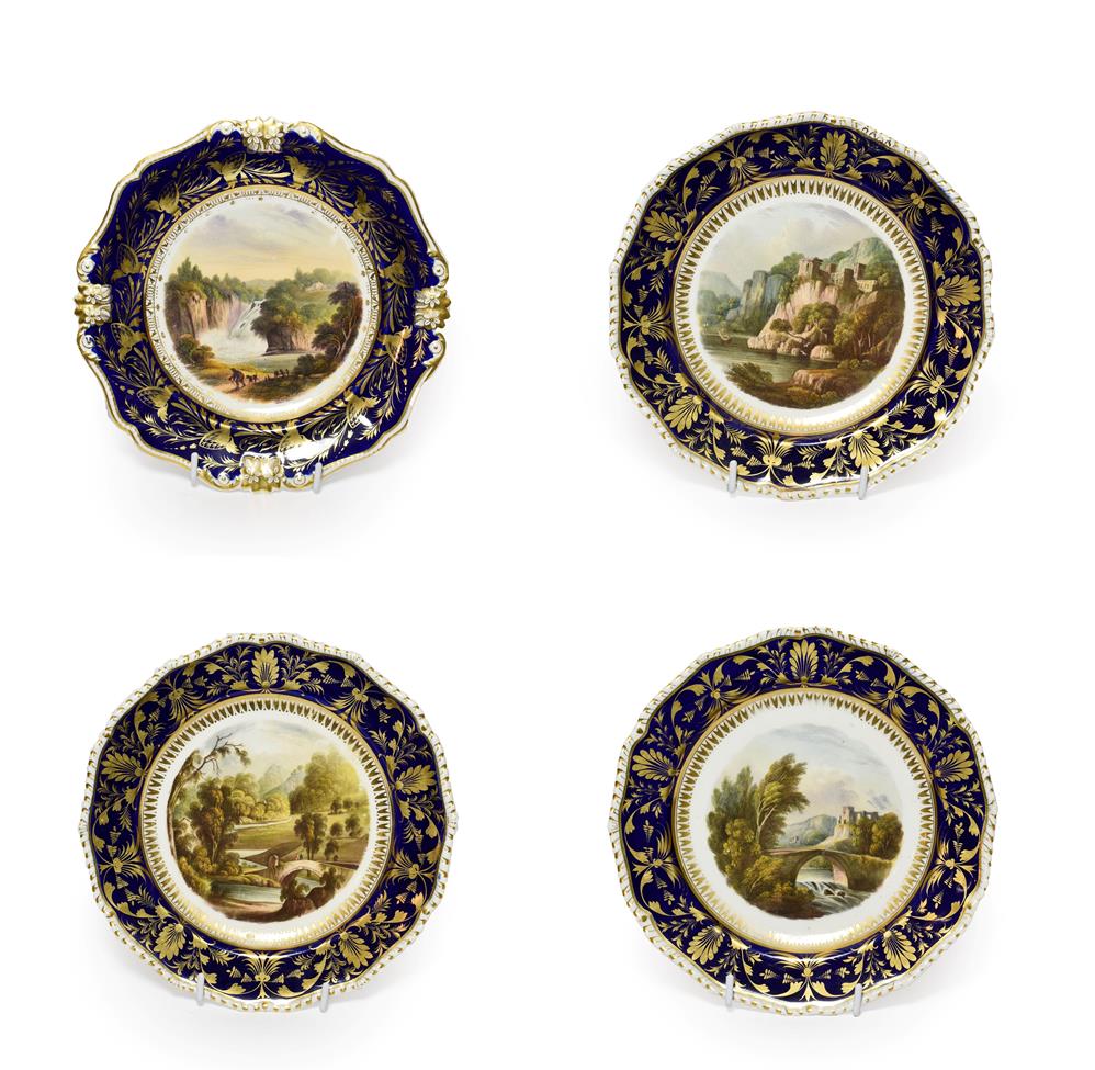 A Set of Three Bloor Derby Porcelain Dessert Plates, circa 1830, painted with View in Italy, View in