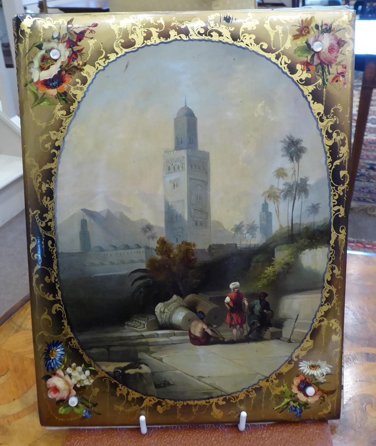 A Victorian Papier Mâché Desk Blotter, 19th century, of rectangular form, the cover painted with - Image 3 of 6