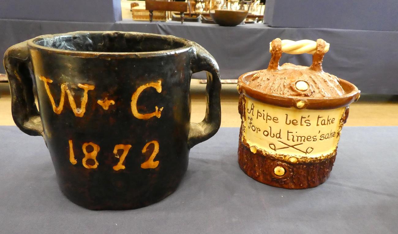 A Slipware Frog Loving Cup, dated 1872, of cylindrical form with twin strap handles and inscribed - Image 3 of 7