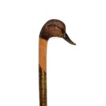 An Ian Taylor Mallard Walking Cane, the handle naturalistically carved and decorated as the head,