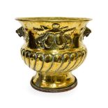 A Brass Coal Bucket, in 17th century style, of campana form with lion mask handles, repoussé with