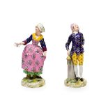 A Pair of French Porcelain Figures of a Lady and Gentleman, late 19th century, both standing in 18th