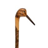 An Ian Taylor Snipe Walking Cane, the handle naturalistically carved and decorated as the head,