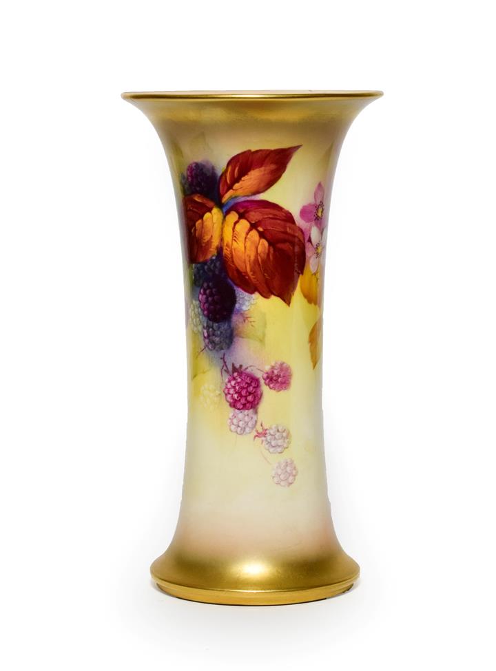 A Royal Worcester Porcelain Beaker Vase, by Kitty Blake, 1937, painted with fruiting blackberries