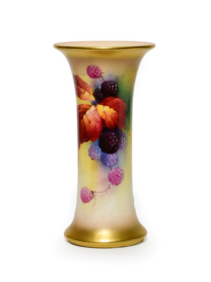 A Royal Worcester Porcelain Beaker Vase, by Kitty Blake, 1932, painted with fruiting blackberries