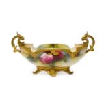 A Royal Worcester Porcelain Bowl, 1912, of lobed oval form with twin scroll handles, painted with