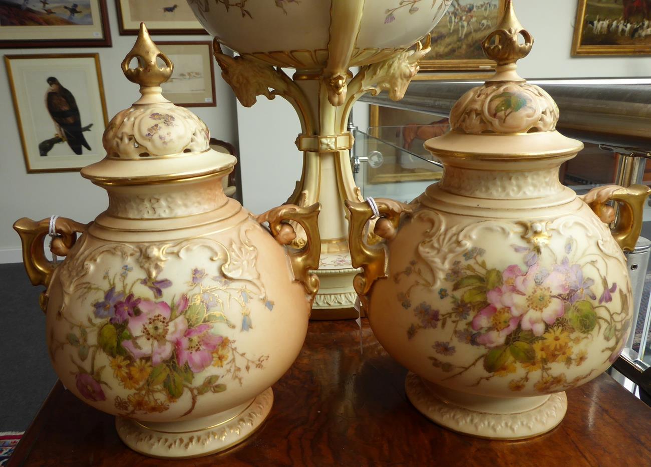 A Matched Pair of Royal Worcester Porcelain Vases and Covers, 1917/1919, of ovoid form with scroll - Image 3 of 7