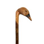 An Ian Taylor Goose Walking Cane, the handle naturalistically carved and decorated as the head,