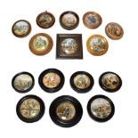 A Collection of Fifteen Various Pratt Type Pot Lids, 19th century, with various scenes, 10cm