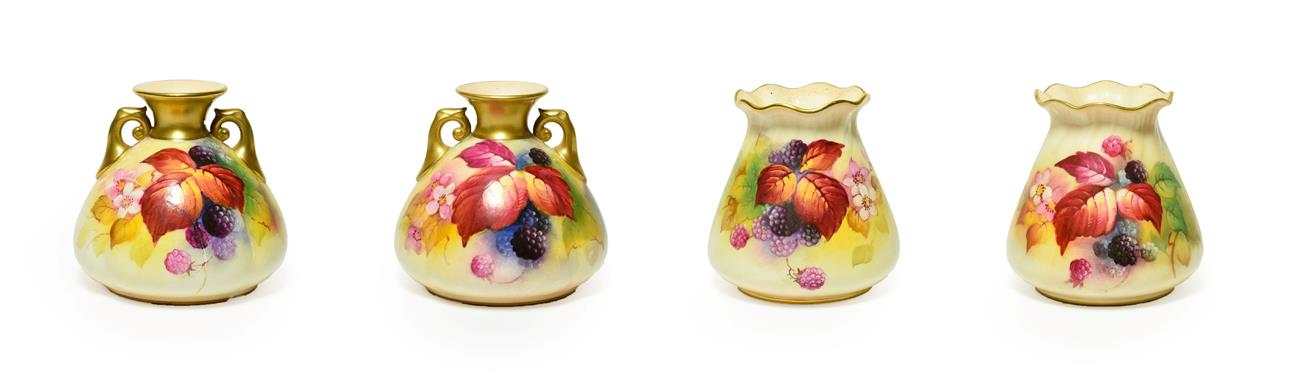 A Matched Pair of Royal Worcester Porcelain Vases, by Kitty Blake, 1930/1935, of fluted bag form,