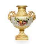 A Royal Worcester Porcelain Vase, 1904, of urn form with mask and scroll handles, painted with a