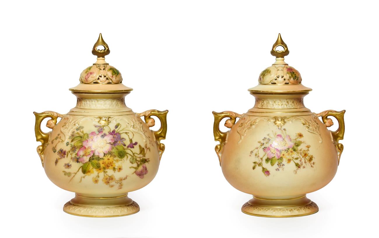 A Matched Pair of Royal Worcester Porcelain Vases and Covers, 1917/1919, of ovoid form with scroll